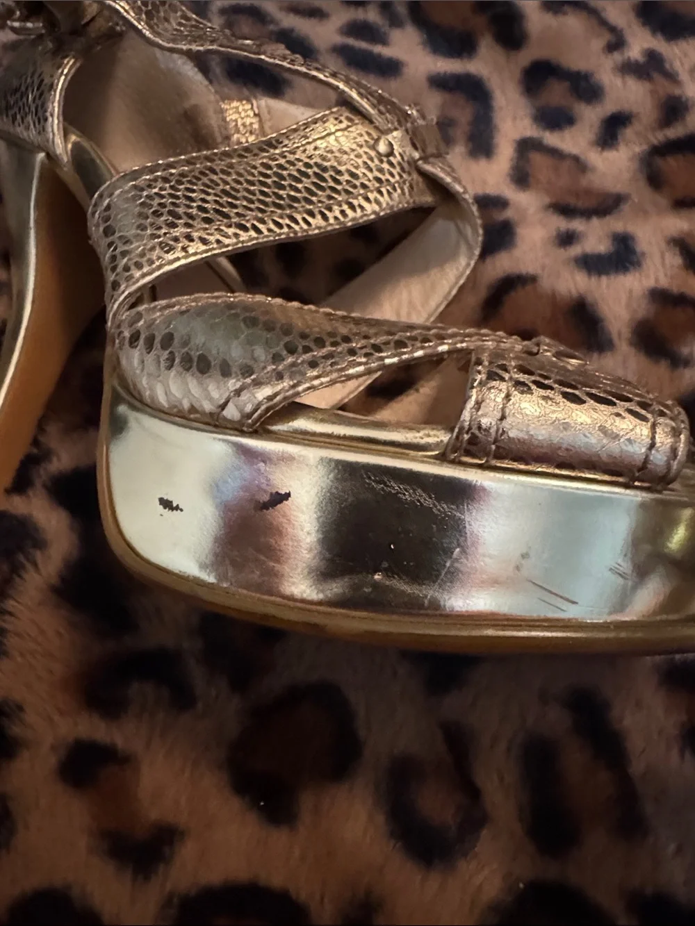 Michael Kors Metallic Gold Snake-Embossed Strappy Heels